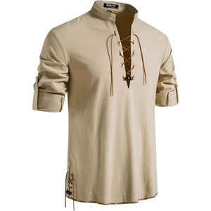 JEMITOP Men’s Pure Cotton Renaissance Lace Up Shirt(Khaki-d)