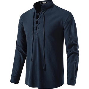 JEMITOP Men’s Pure Cotton Renaissance Lace Up Shirt(Navy Blue)