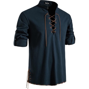 JEMITOP Men’s Pure Cotton Renaissance Lace Up Shirt(Navy Blue-d)