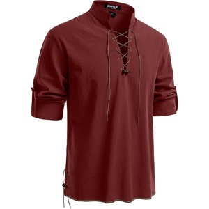 JEMITOP Men’s Pure Cotton Renaissance Lace Up Shirt(Rust Red)