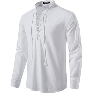 JEMITOP Men’s Pure Cotton Renaissance Lace Up Shirt(White)