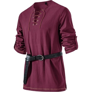 JEMITOP Mens Pure Cotton Vintage Shirt Renaissance Costume Without Belt(Burgundy)