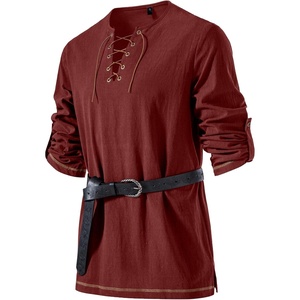 JEMITOP Mens Pure Cotton Vintage Shirt Renaissance Costume Without Belt(Rust Red)