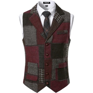 JEMITOP Mens Vintage Patchwork Casual Suit Vest with Pockets(Burgundy)