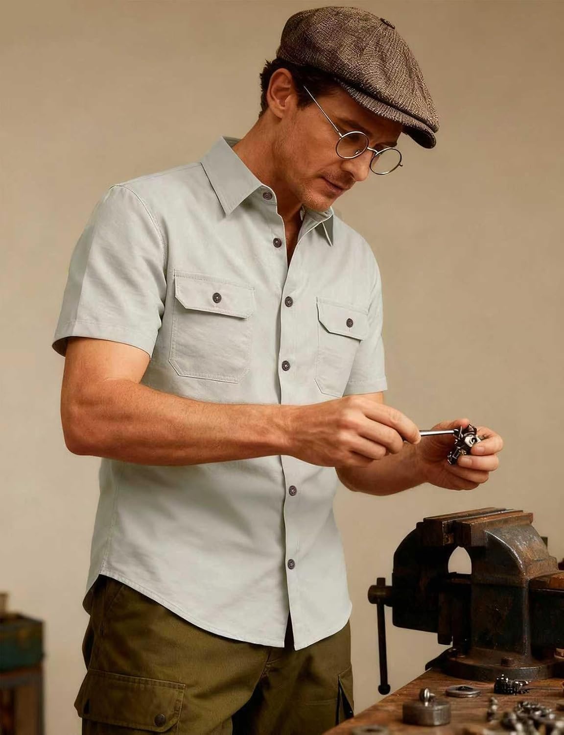 image:imageJEMITOP Mens Casual Stretch Short Sleeve Work ShirtsBeige