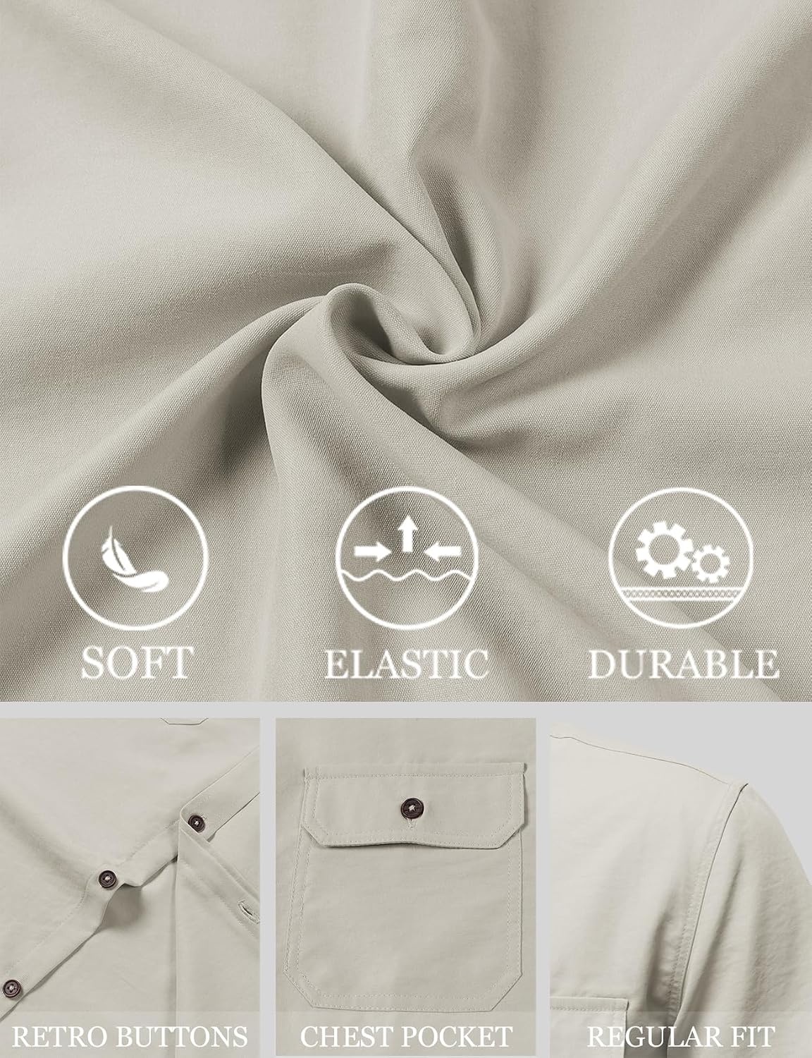 image:imageJEMITOP Mens Casual Stretch Short Sleeve Work ShirtsBeige