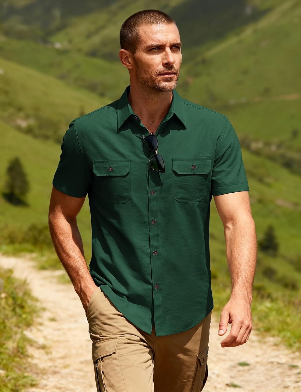 image:imageJEMITOP Mens Casual Stretch Short Sleeve Work ShirtsGreen
