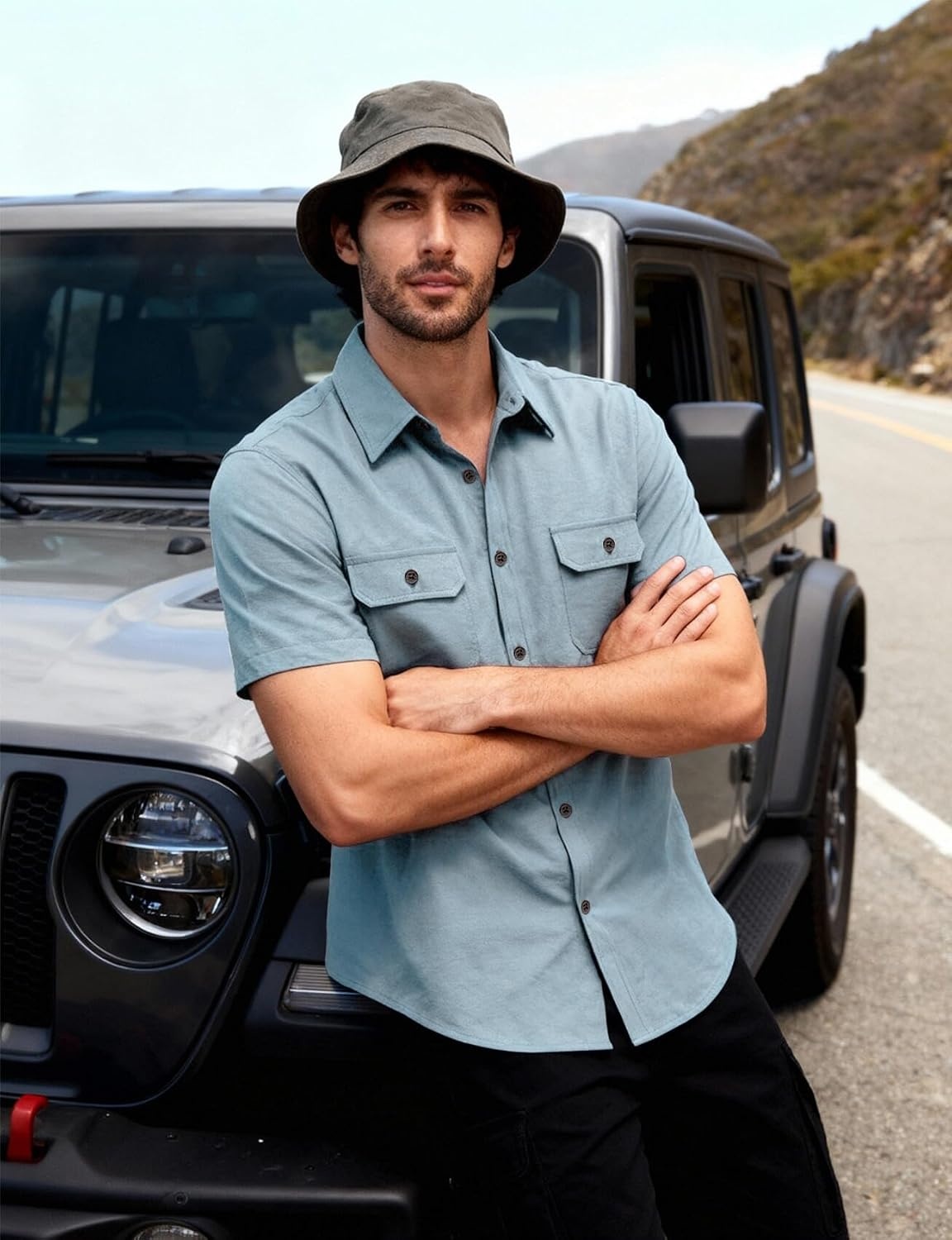 image:imageJEMITOP Mens Casual Stretch Short Sleeve Work ShirtsLight Blue