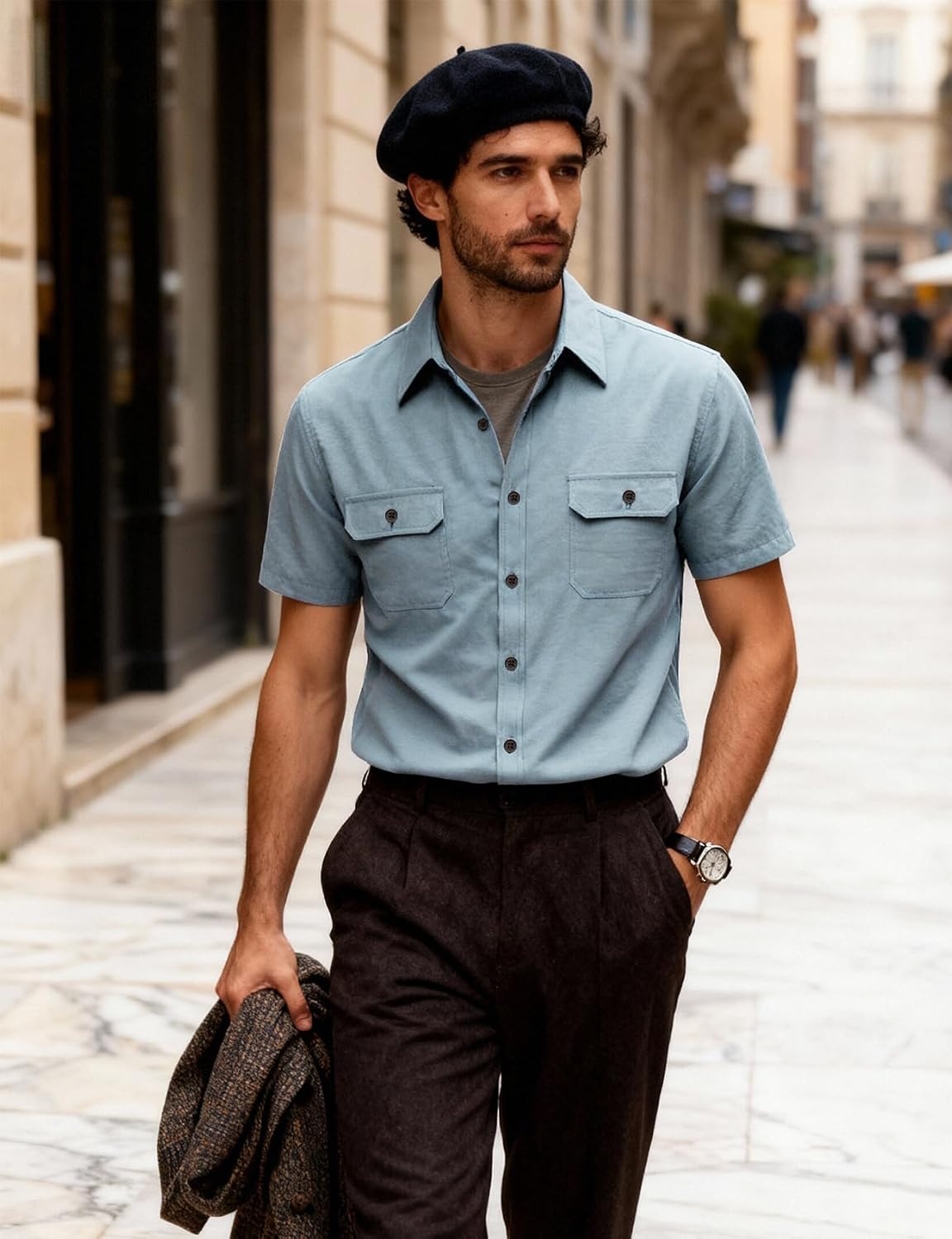 image:imageJEMITOP Mens Casual Stretch Short Sleeve Work ShirtsLight Blue