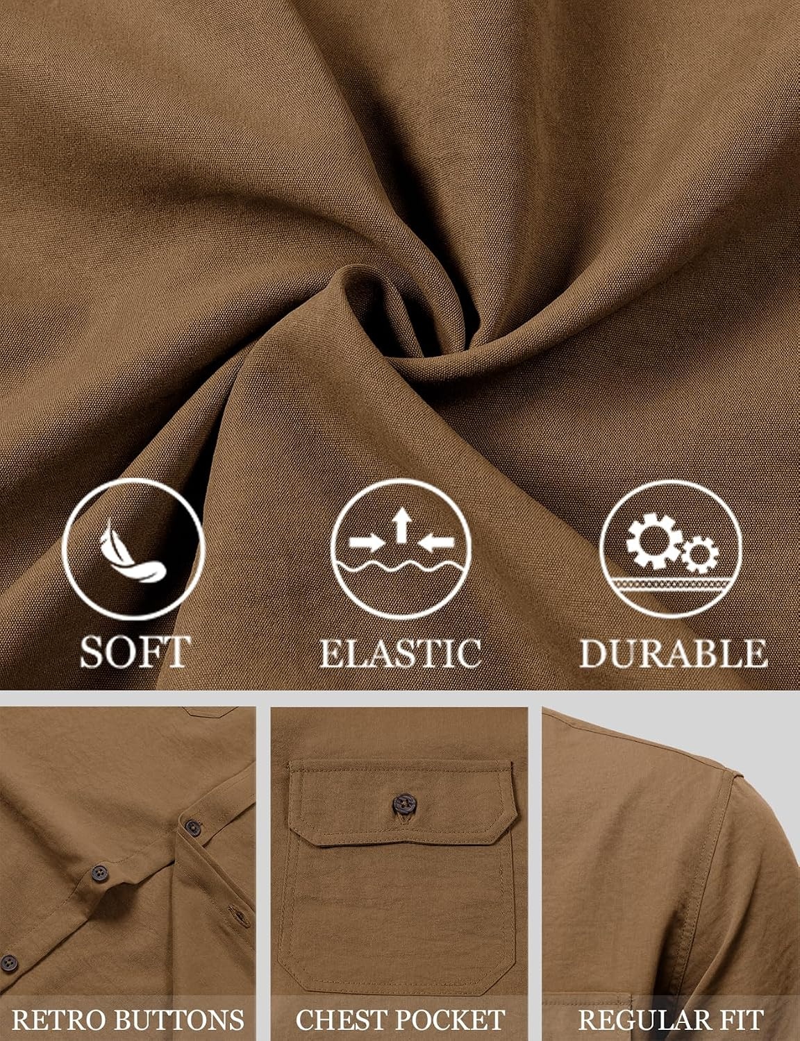 image:imageJEMITOP Mens Casual Stretch Short Sleeve Work ShirtsLight Brown