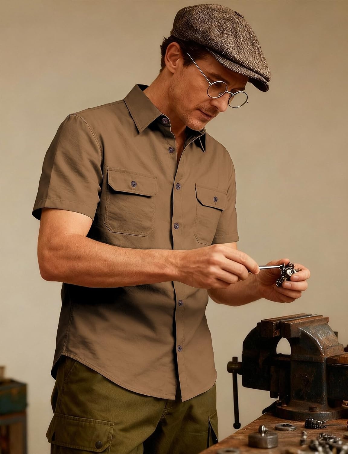 image:imageJEMITOP Mens Casual Stretch Short Sleeve Work ShirtsLight Brown