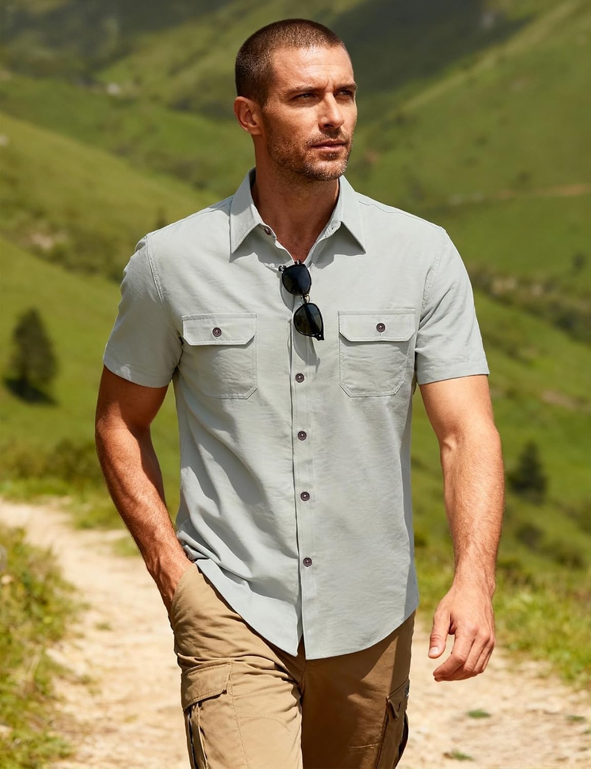 image:imageJEMITOP Mens Casual Stretch Short Sleeve Work ShirtsLight Grey