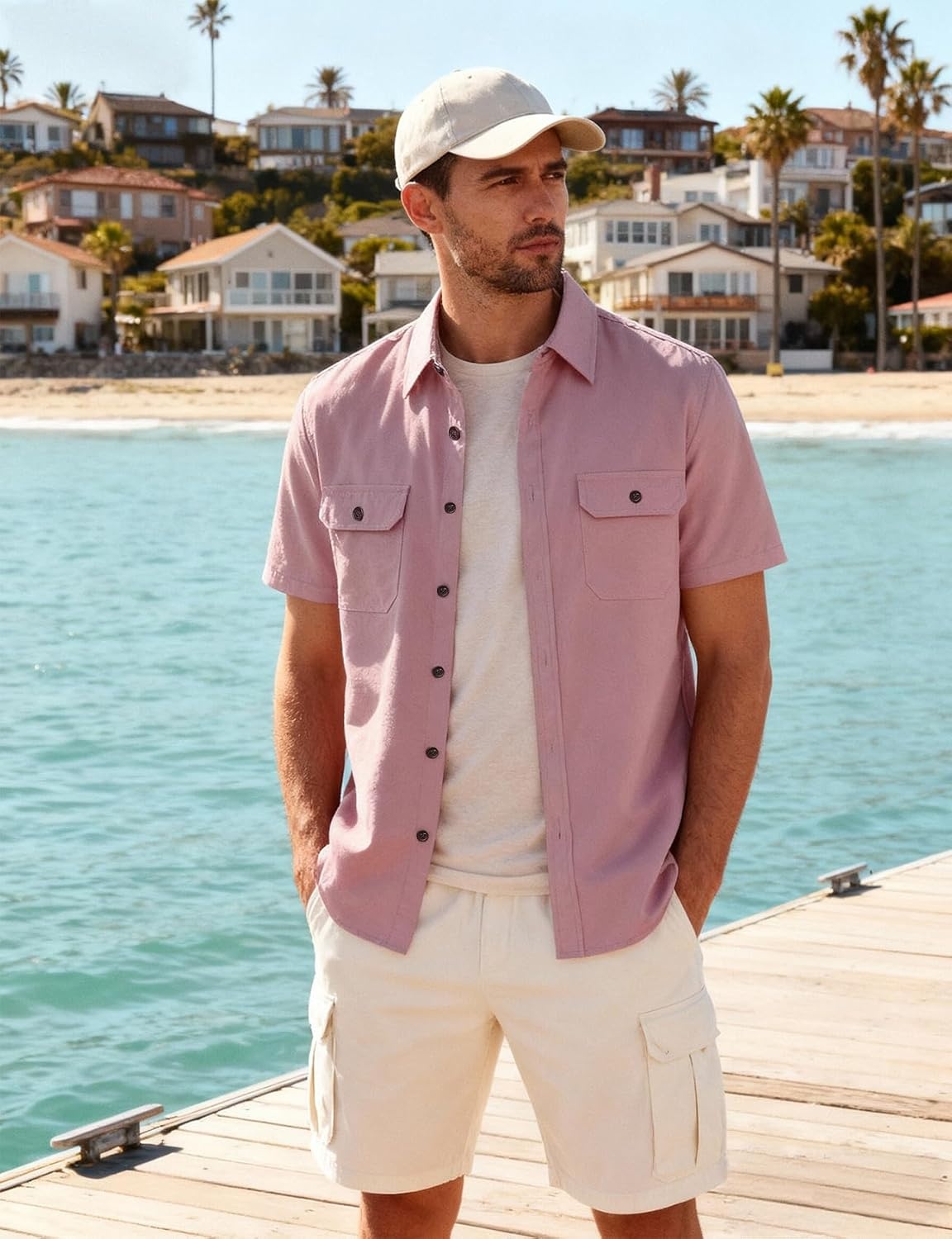 image:imageJEMITOP Mens Casual Stretch Short Sleeve Work ShirtsPink