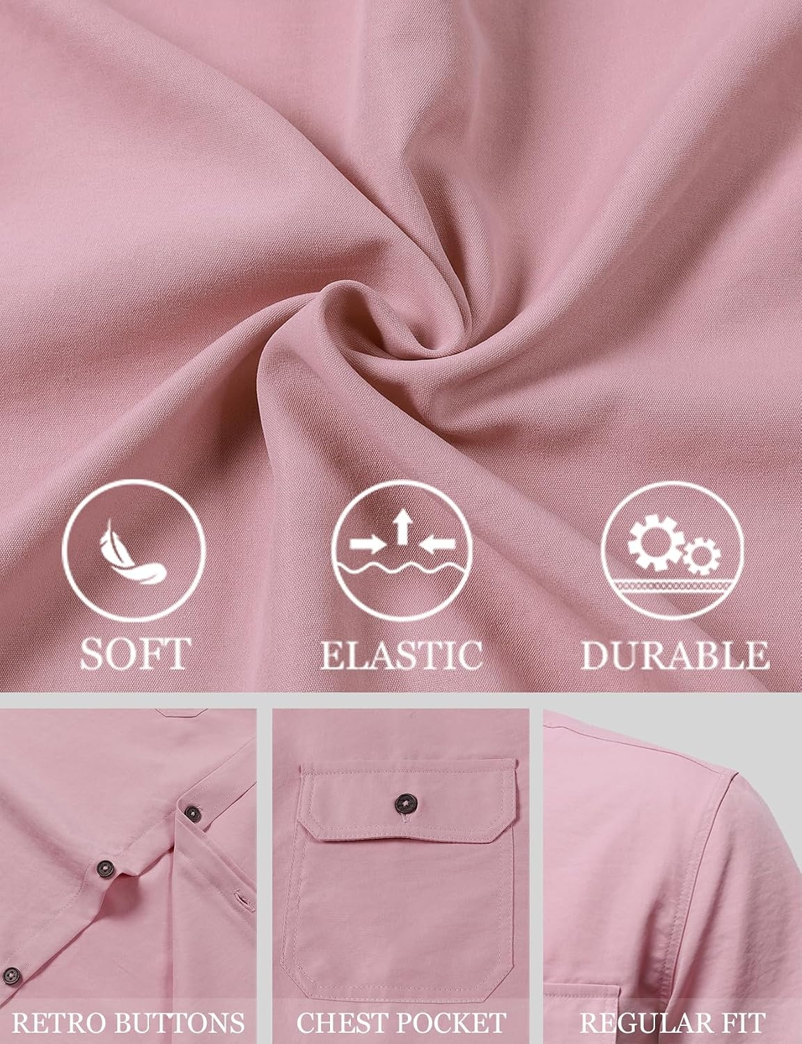 image:imageJEMITOP Mens Casual Stretch Short Sleeve Work ShirtsPink