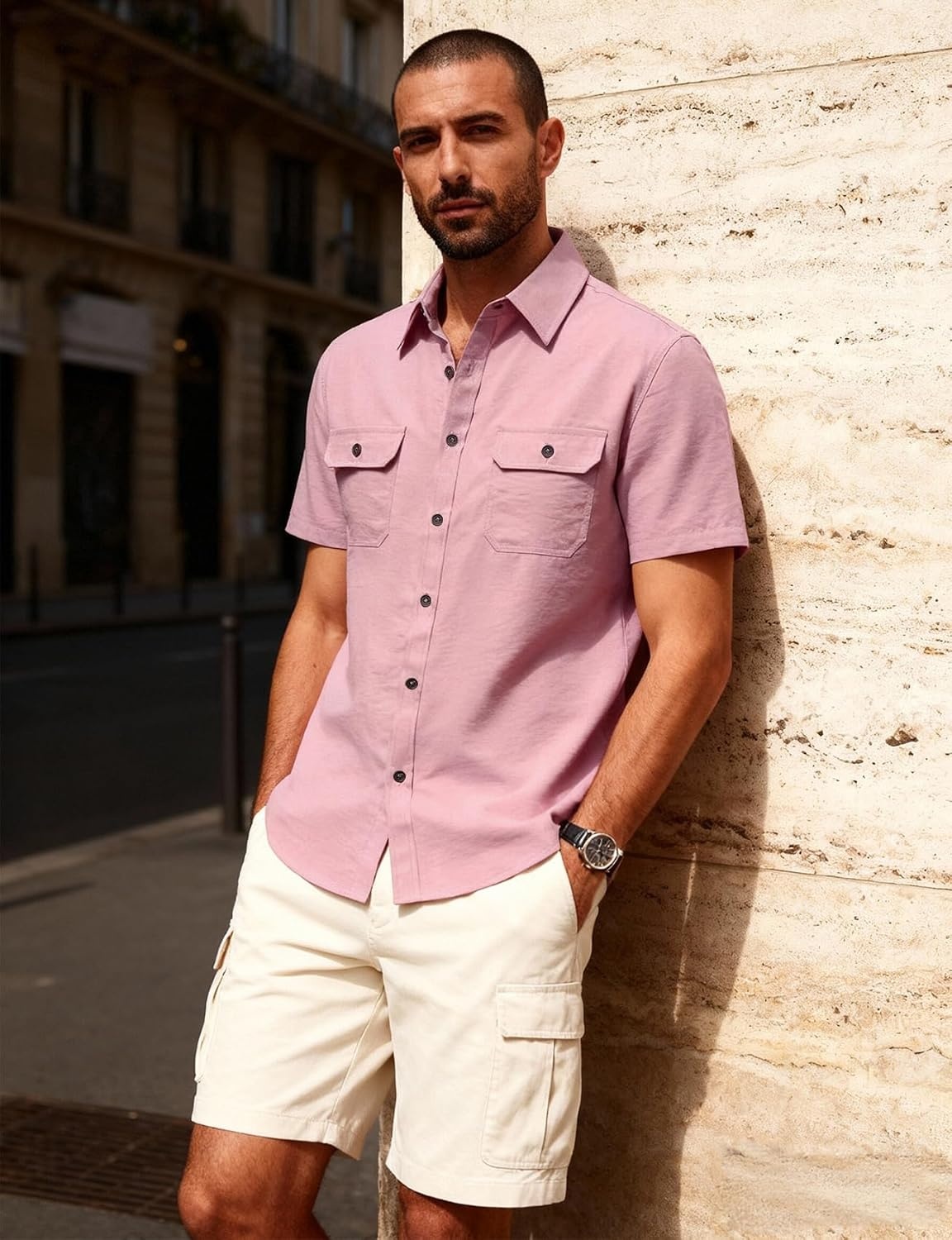 image:imageJEMITOP Mens Casual Stretch Short Sleeve Work ShirtsPink
