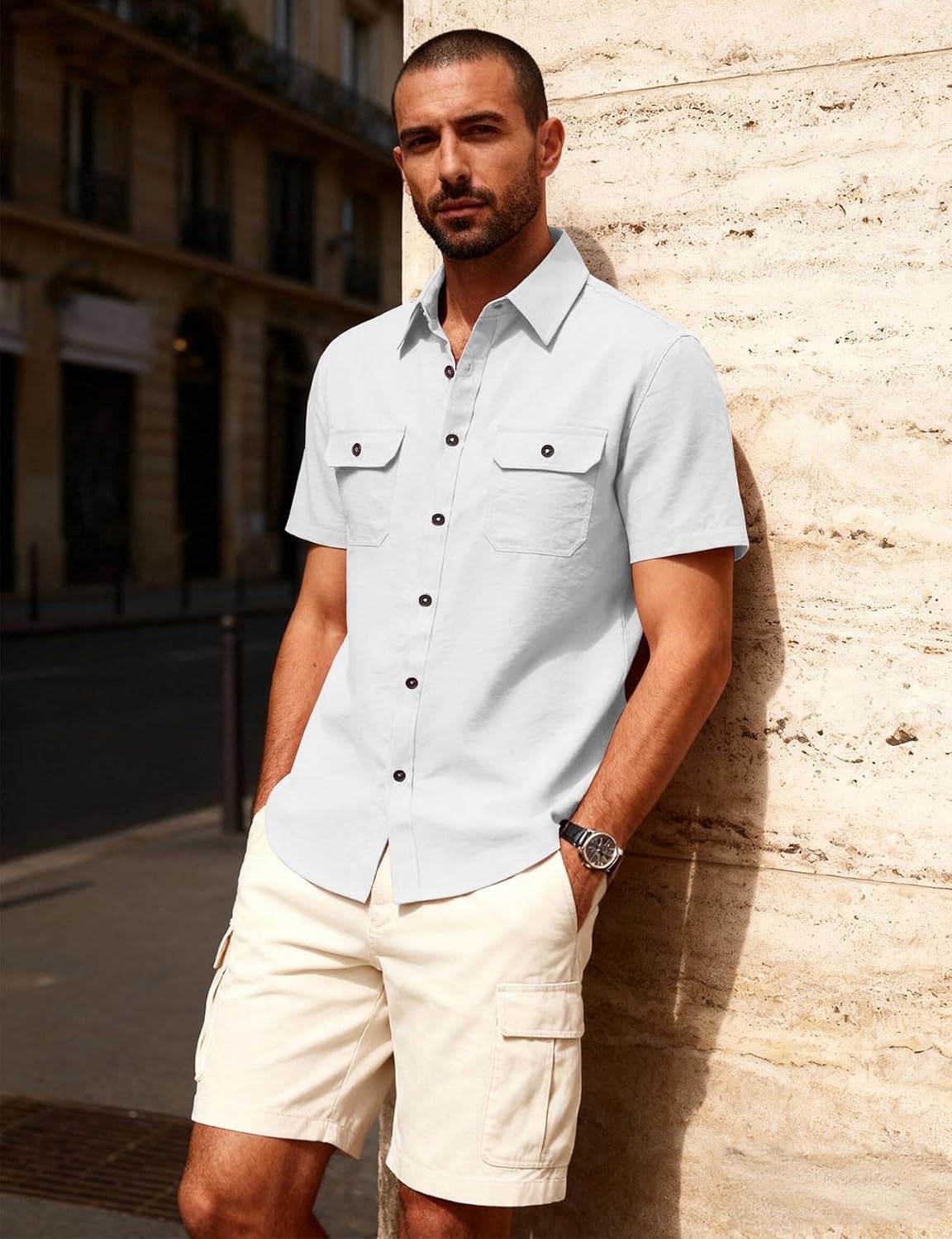 image:imageJEMITOP Mens Casual Stretch Short Sleeve Work ShirtsWhite