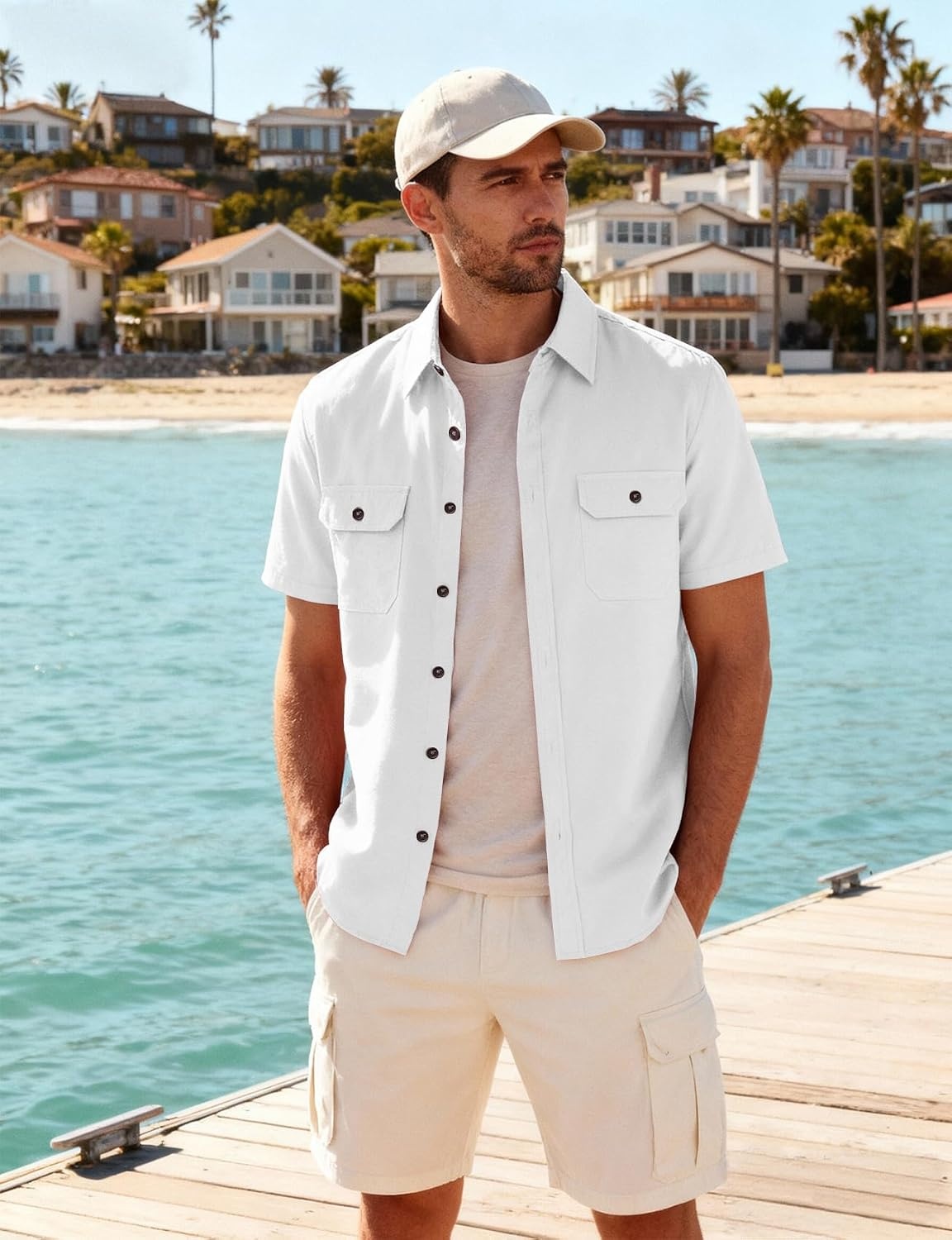 image:imageJEMITOP Mens Casual Stretch Short Sleeve Work ShirtsWhite