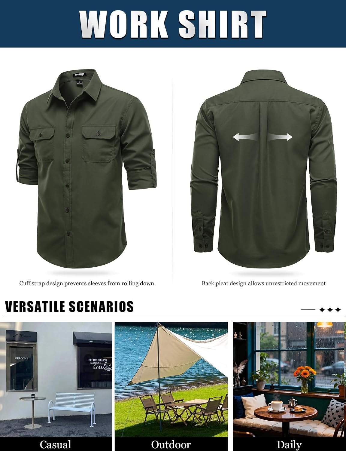 image:imageJEMITOP Mens Casual Vintage Stretch Long Sleeve Work ShirtArmy Green