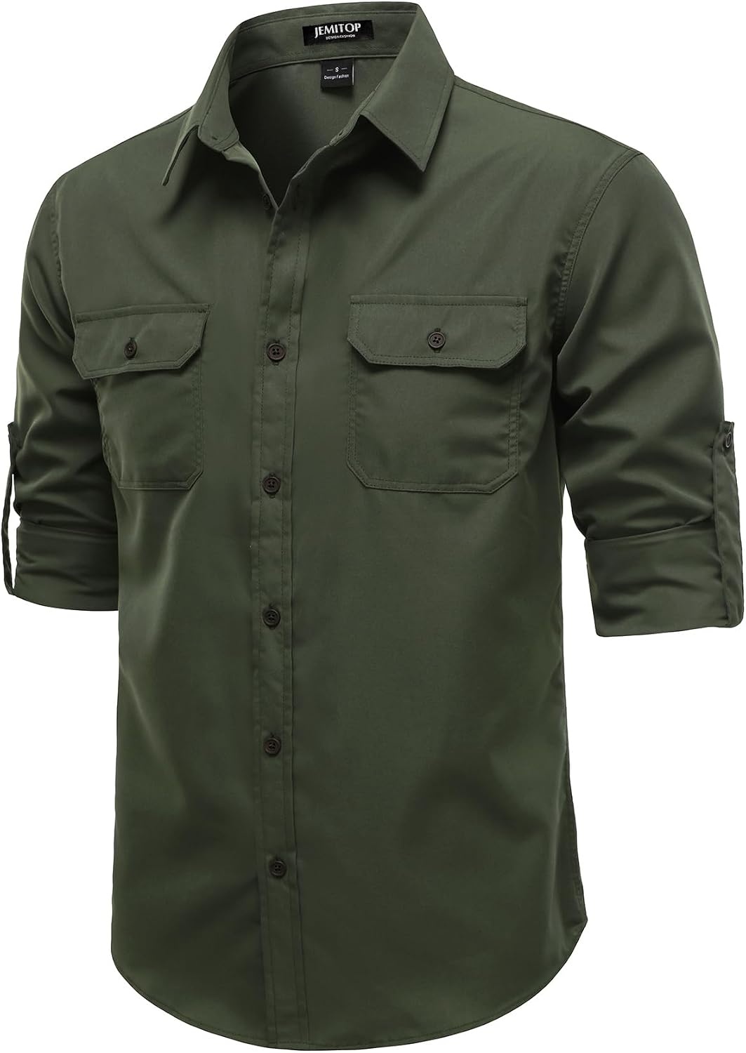 image:imageJEMITOP Mens Casual Vintage Stretch Long Sleeve Work ShirtArmy Green