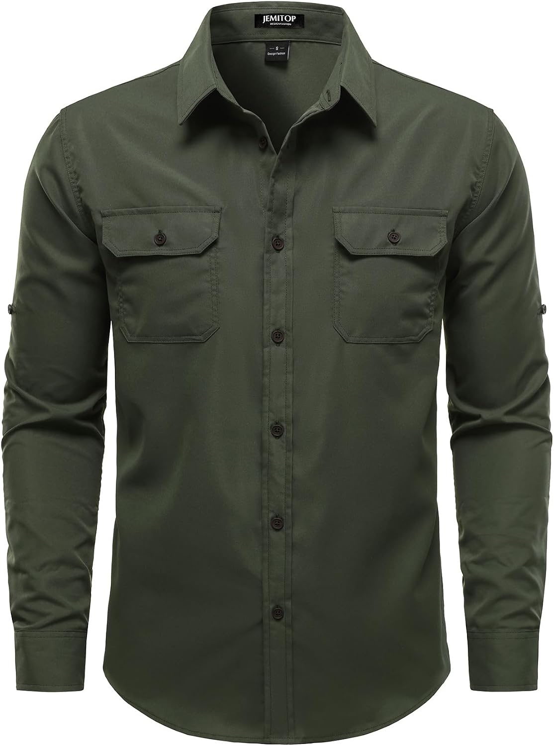 image:imageJEMITOP Mens Casual Vintage Stretch Long Sleeve Work ShirtArmy Green