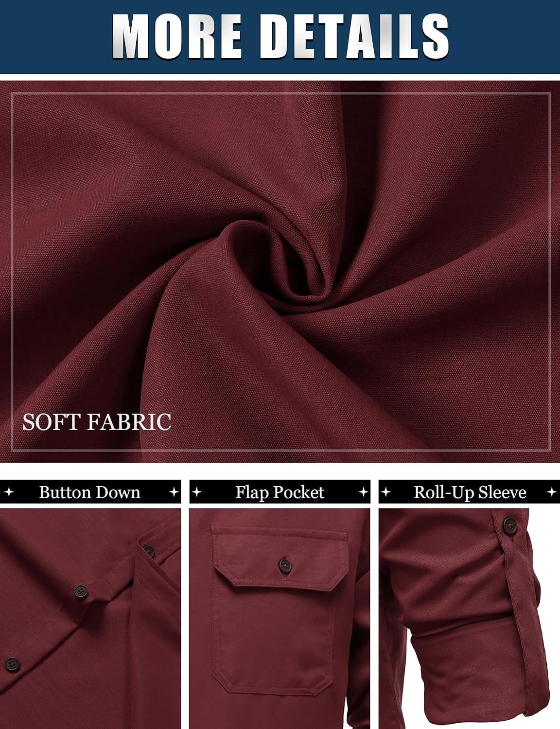 image:imageJEMITOP Mens Casual Vintage Stretch Long Sleeve Work ShirtBurgundy