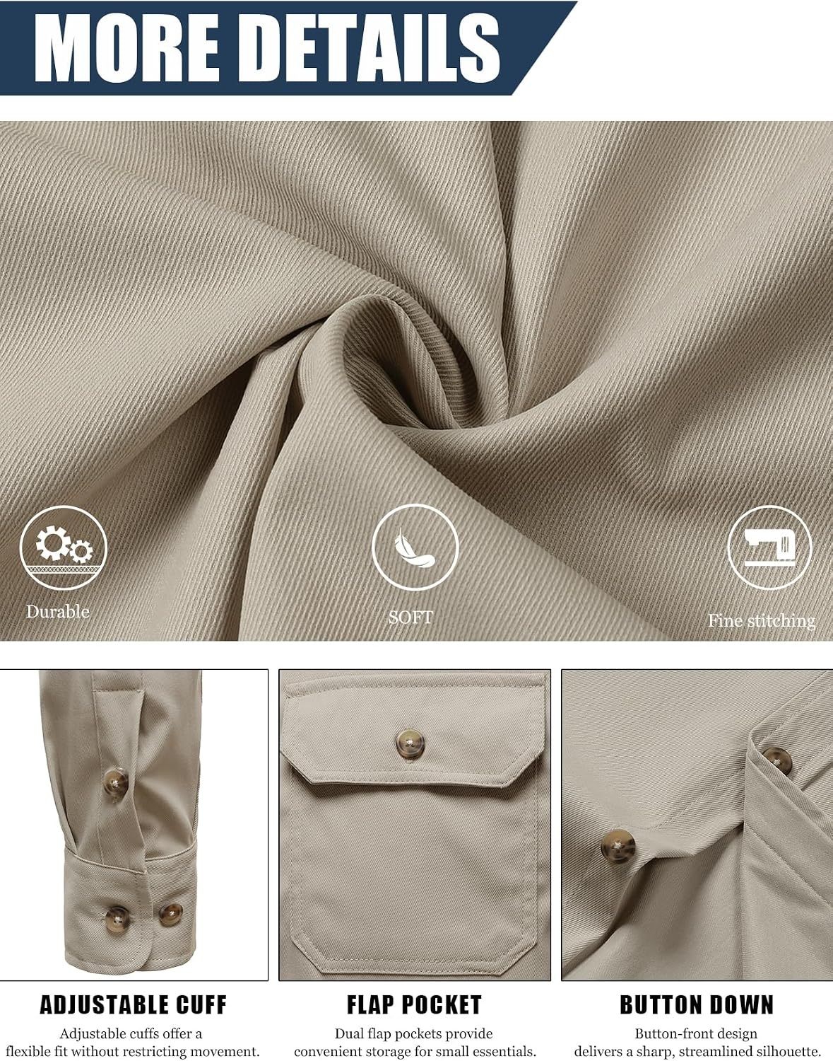 image:imageJEMITOP Mens Vintage Stretch Work Cargo ShirtsBeige