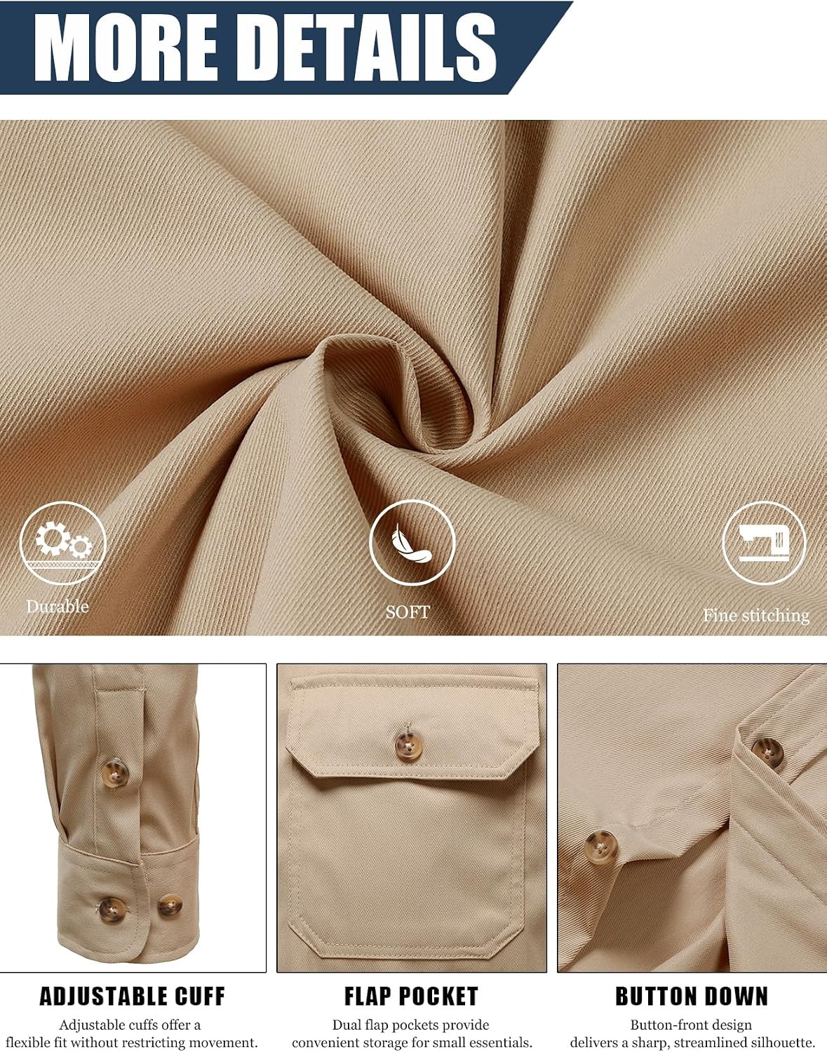 image:imageJEMITOP Mens Vintage Stretch Work Cargo ShirtsLight Khaki
