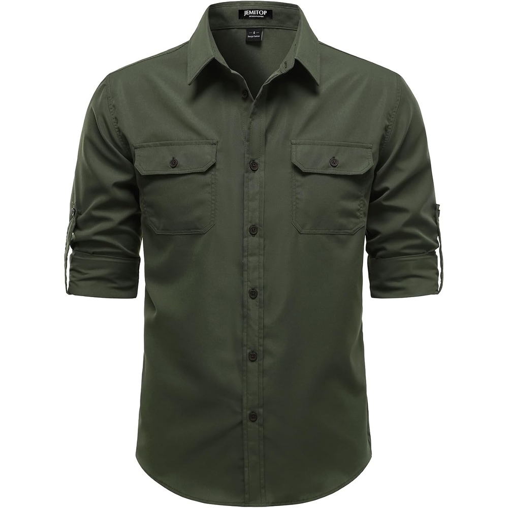 image:imageJEMITOP Mens Casual Vintage Stretch Long Sleeve Work ShirtArmy Green