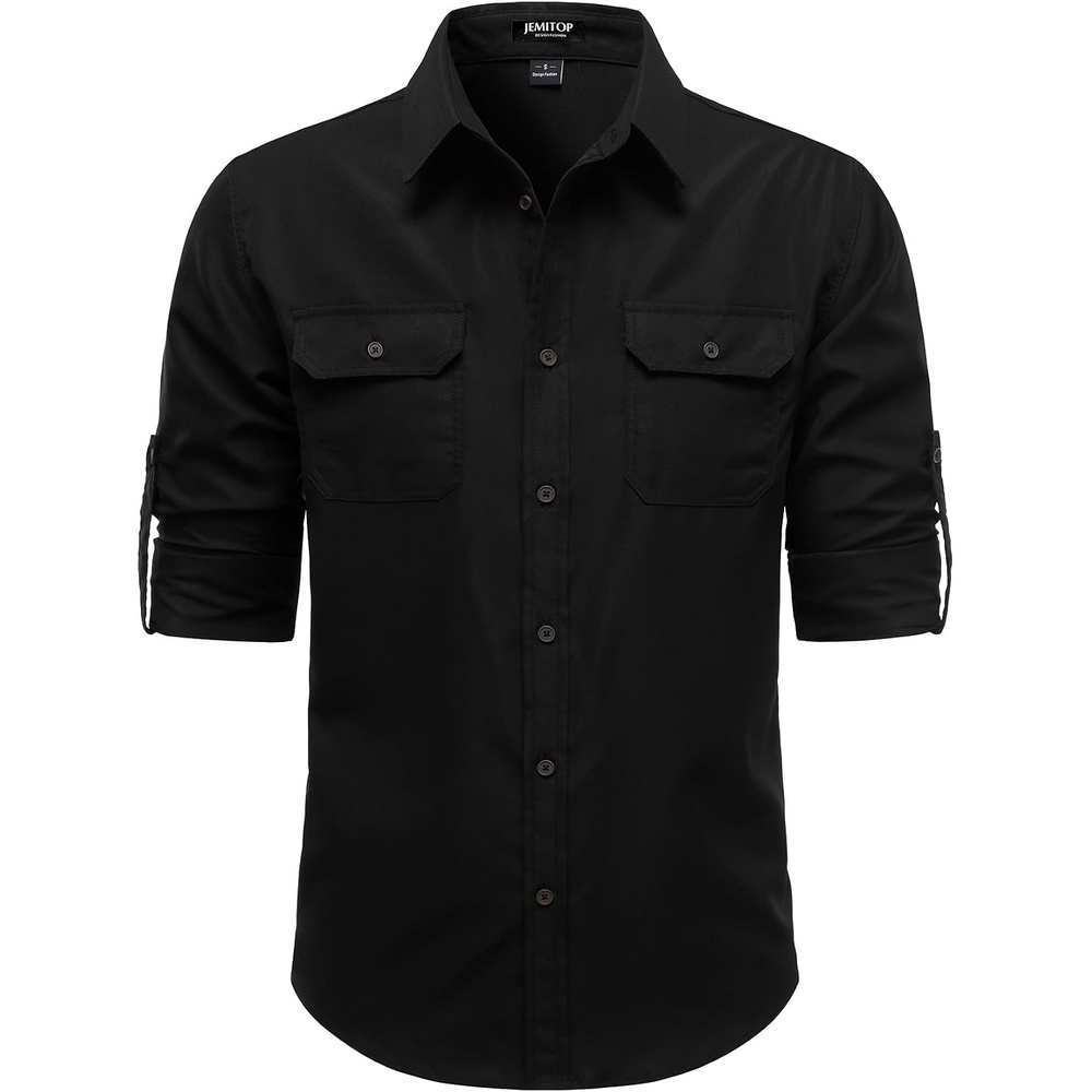 image:imageJEMITOP Mens Casual Vintage Stretch Long Sleeve Work ShirtBlack