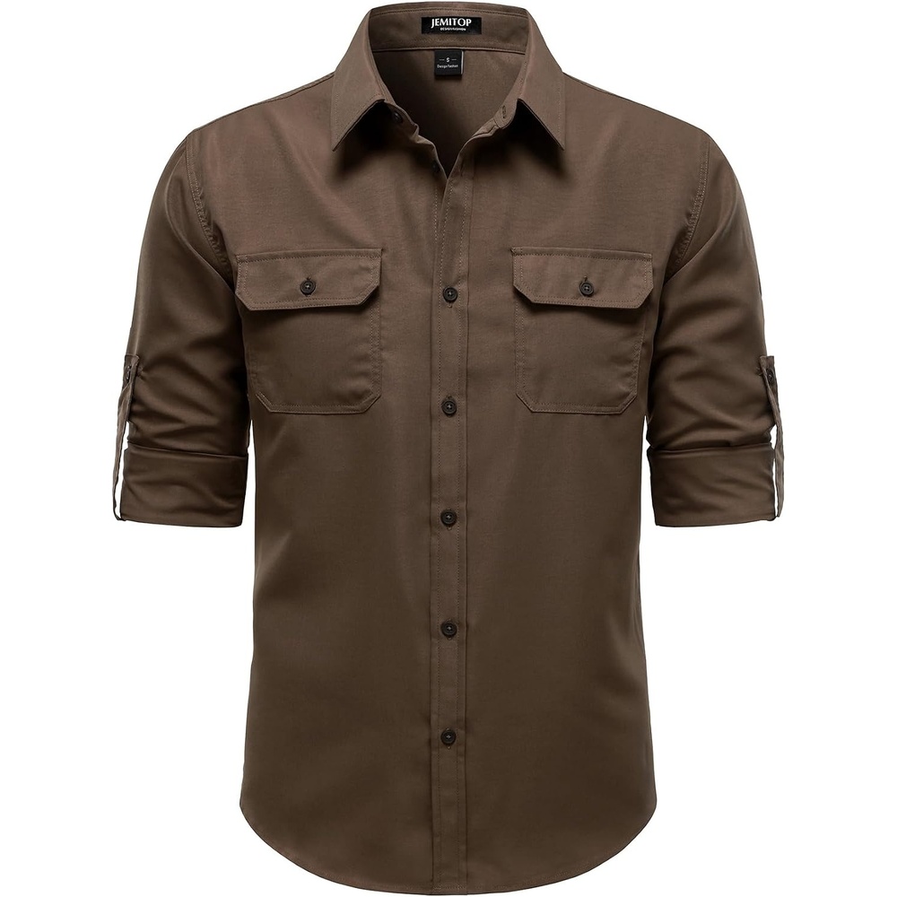 image:imageJEMITOP Mens Casual Vintage Stretch Long Sleeve Work ShirtBrown