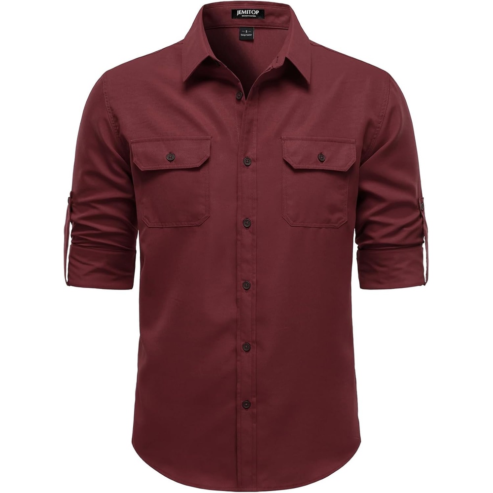 image:imageJEMITOP Mens Casual Vintage Stretch Long Sleeve Work ShirtBurgundy