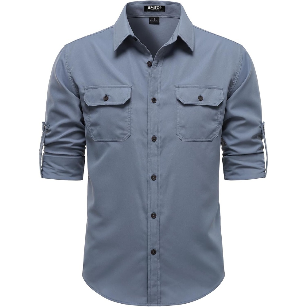 image:imageJEMITOP Mens Casual Vintage Stretch Long Sleeve Work ShirtDusty Blue