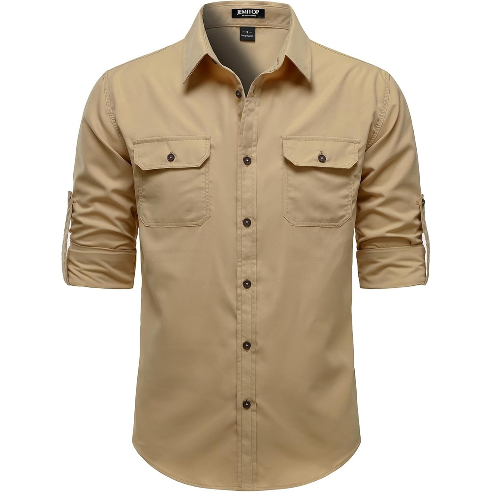 image:imageJEMITOP Mens Casual Vintage Stretch Long Sleeve Work ShirtKhaki