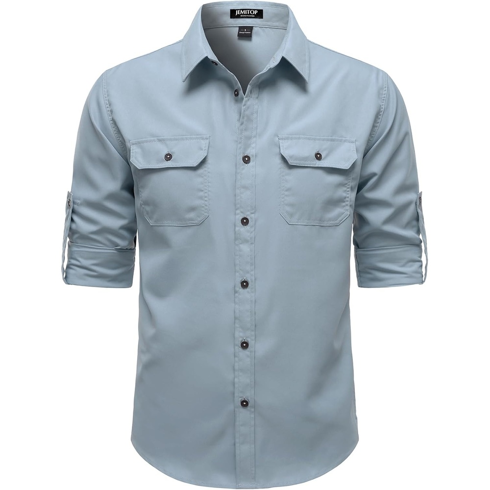 image:imageJEMITOP Mens Casual Vintage Stretch Long Sleeve Work ShirtLight Blue