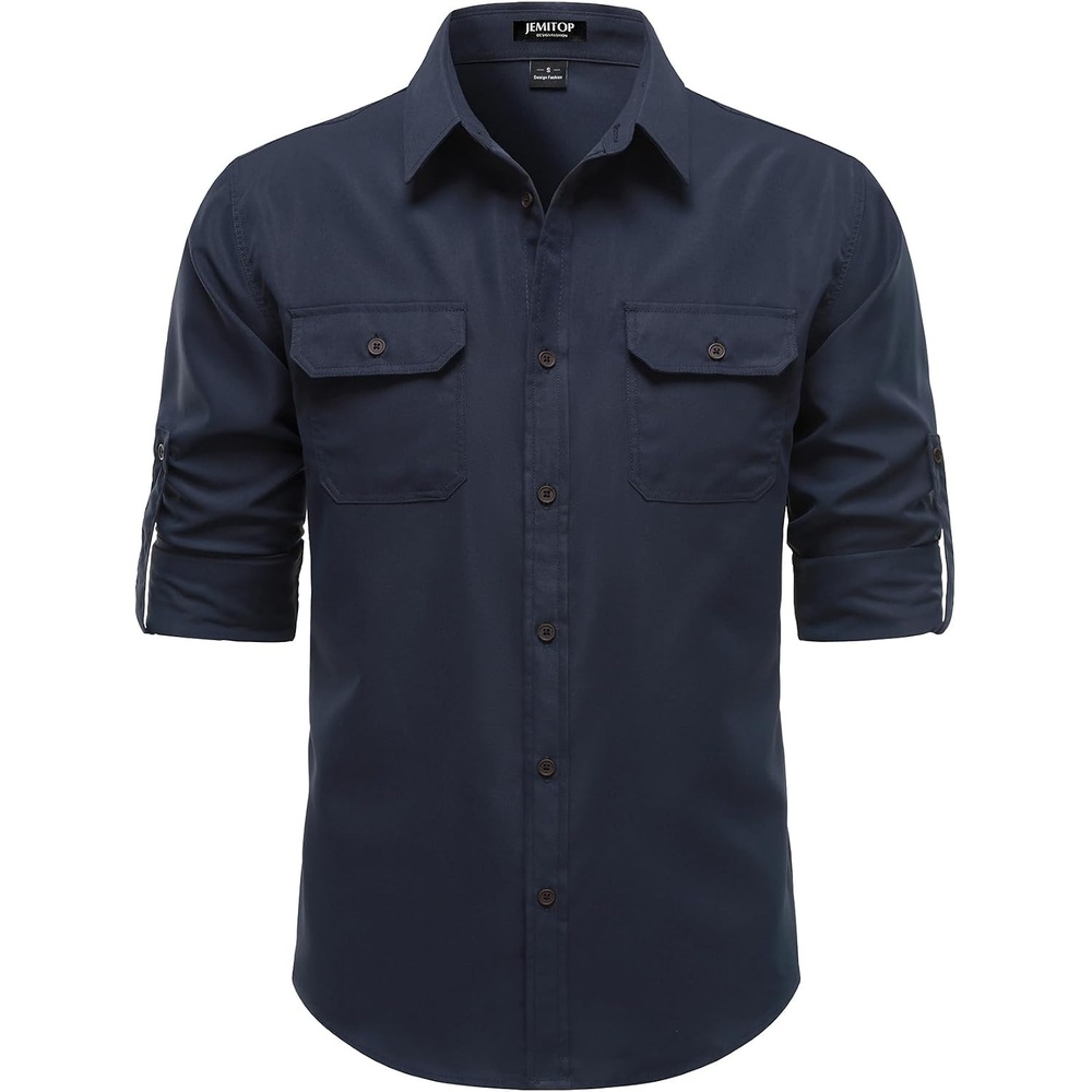 image:imageJEMITOP Mens Casual Vintage Stretch Long Sleeve Work ShirtNavy Blue