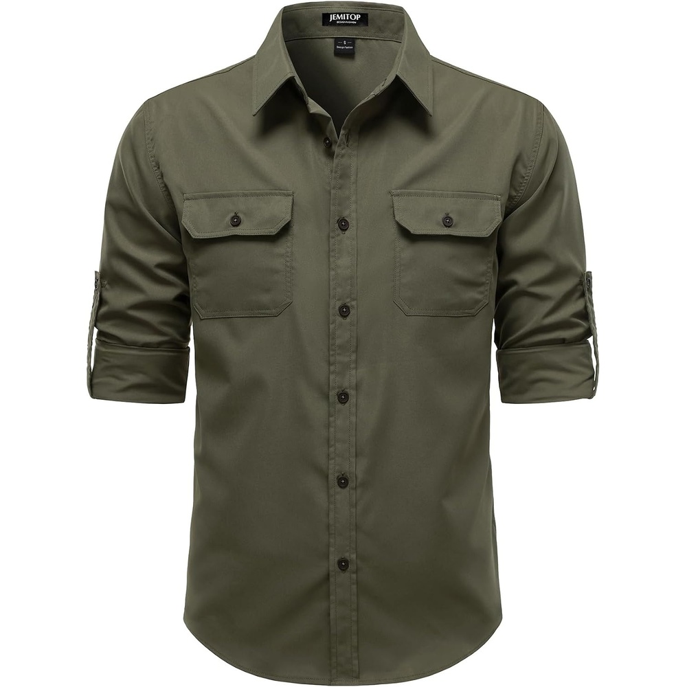 image:imageJEMITOP Mens Casual Vintage Stretch Long Sleeve Work ShirtOlive Green