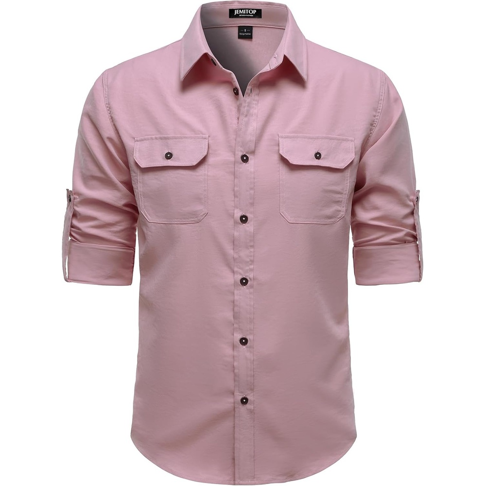 image:imageJEMITOP Mens Casual Vintage Stretch Long Sleeve Work ShirtPink