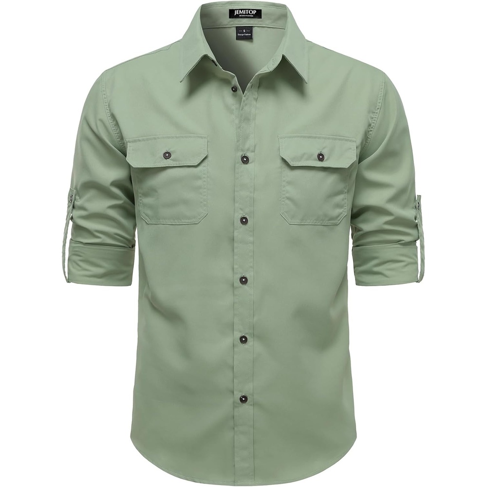 image:imageJEMITOP Mens Casual Vintage Stretch Long Sleeve Work ShirtSage Green