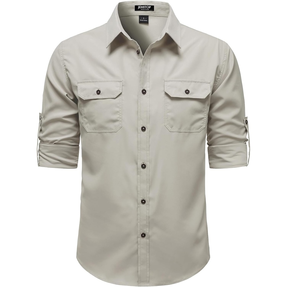 image:imageJEMITOP Mens Casual Vintage Stretch Long Sleeve Work ShirtTan