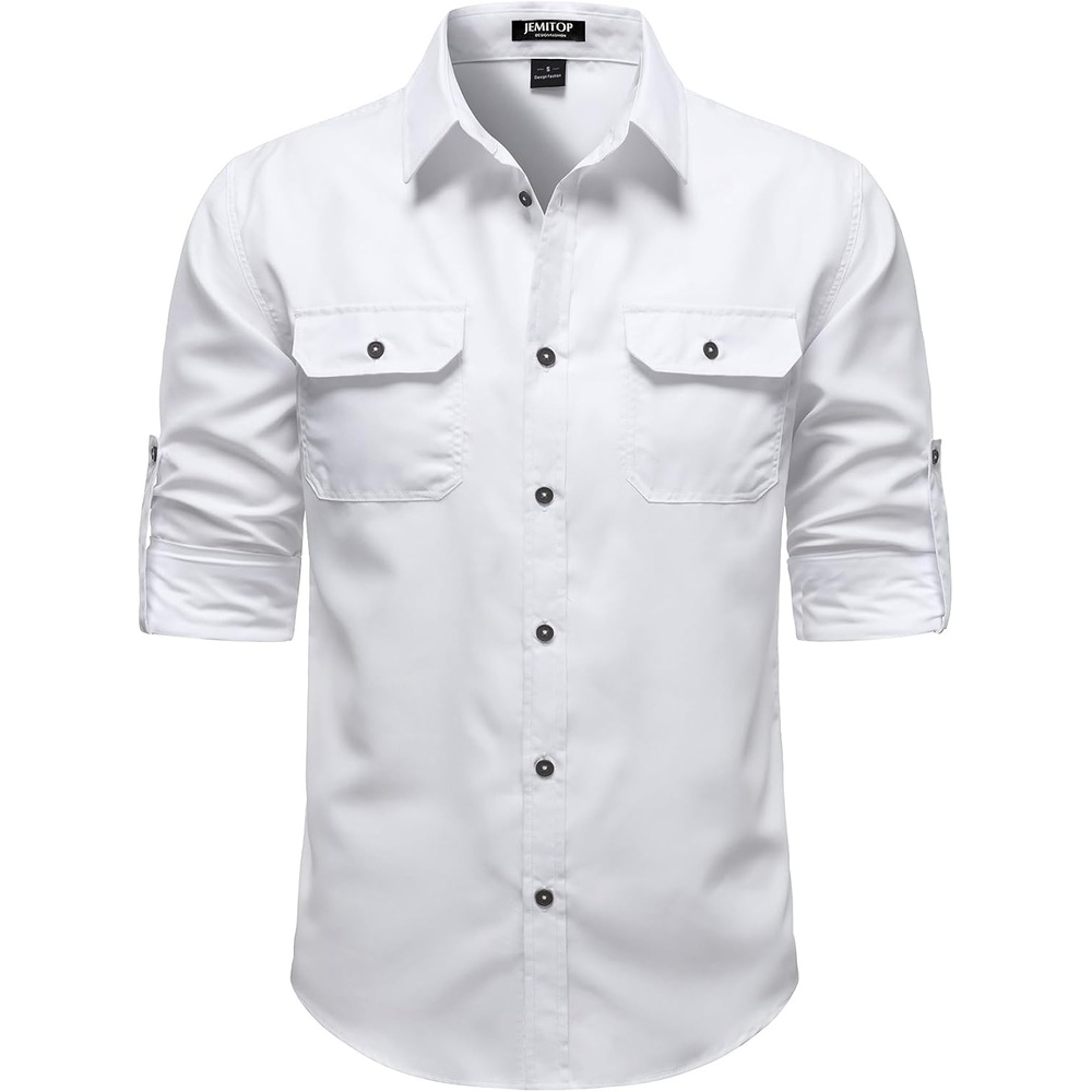 image:imageJEMITOP Mens Casual Vintage Stretch Long Sleeve Work ShirtWhite
