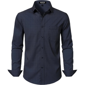 JEMITOP Men Stretch Business Casual Dress Shirts(Navy White Polka Dots)