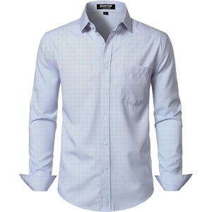 JEMITOP Men Stretch Business Casual Dress Shirts(White Blue Polka Dots)