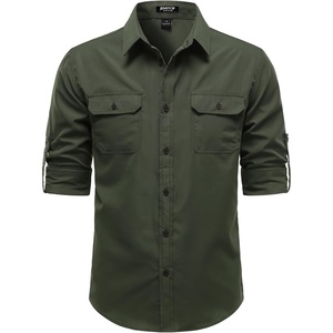JEMITOP Mens Casual Vintage Stretch Long Sleeve Work Shirt(Army Green)