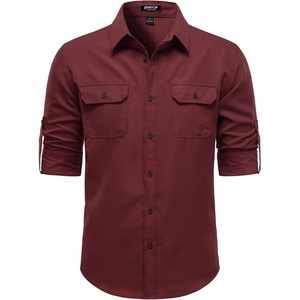 JEMITOP Mens Casual Vintage Stretch Long Sleeve Work Shirt(Burgundy)
