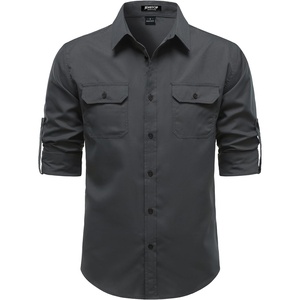 JEMITOP Mens Casual Vintage Stretch Long Sleeve Work Shirt(Dark Grey)