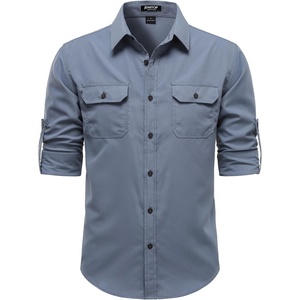 JEMITOP Mens Casual Vintage Stretch Long Sleeve Work Shirt(Dusty Blue)