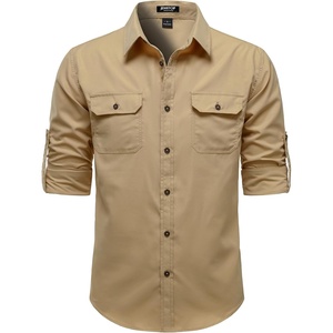 JEMITOP Mens Casual Vintage Stretch Long Sleeve Work Shirt(Khaki)
