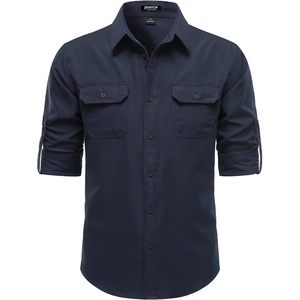 JEMITOP Mens Casual Vintage Stretch Long Sleeve Work Shirt(Navy Blue)