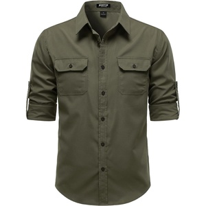 JEMITOP Mens Casual Vintage Stretch Long Sleeve Work Shirt(Olive Green)
