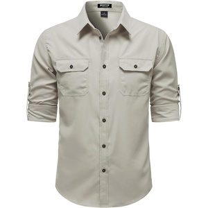 JEMITOP Mens Casual Vintage Stretch Long Sleeve Work Shirt(Tan)